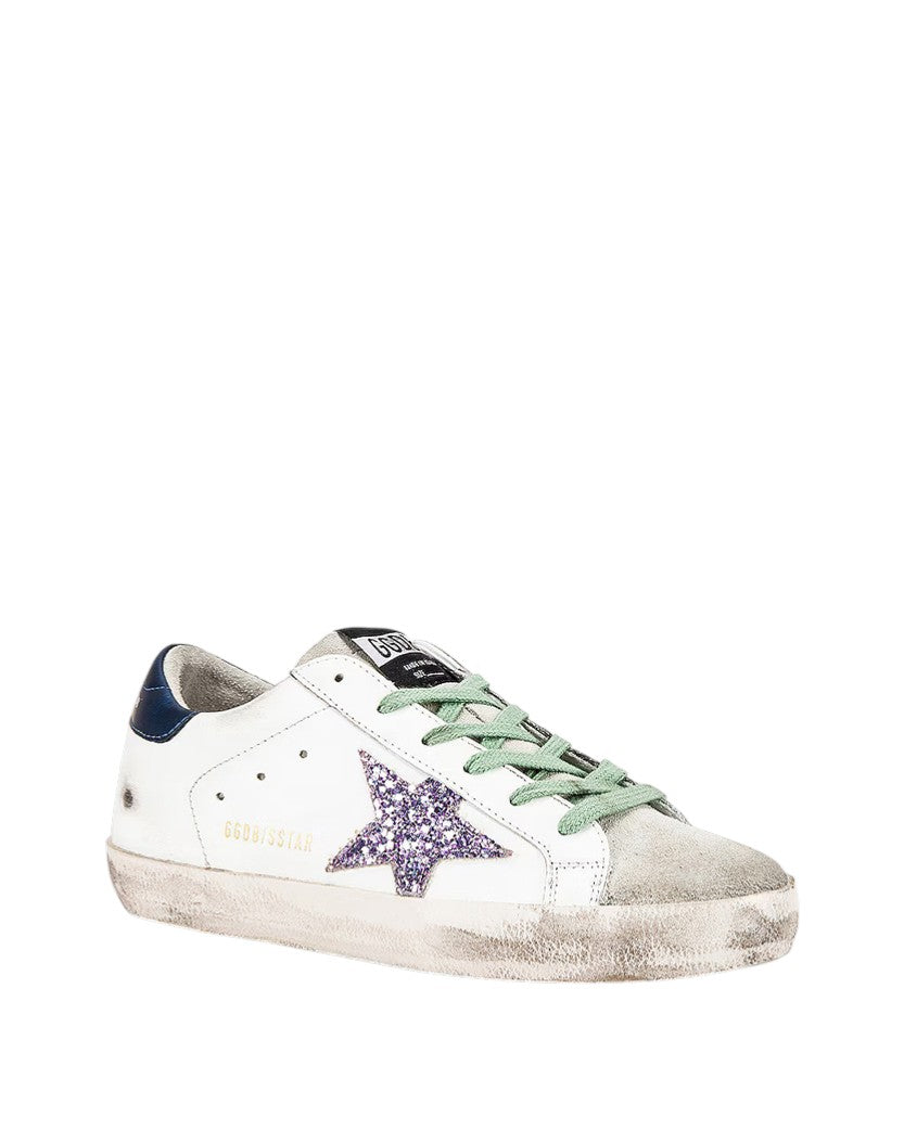 Golden Goose Super-Star in White Blue with Pink Glitter Star