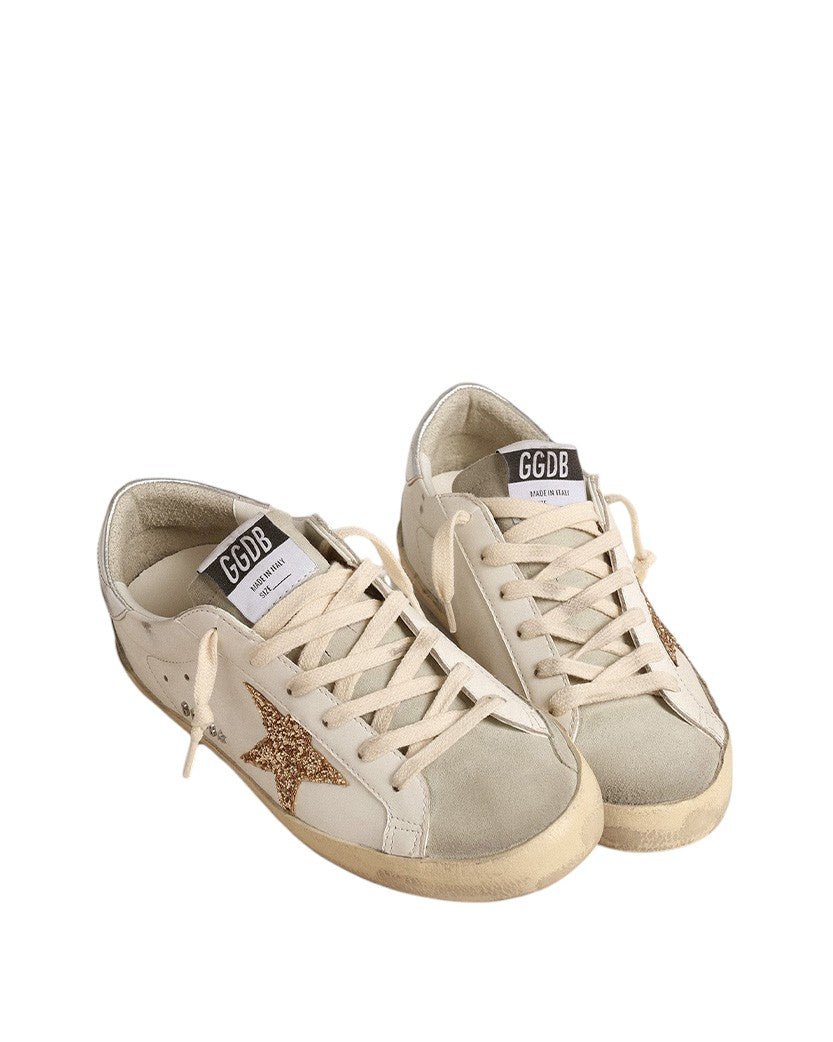 Golden Goose Super-Star with Gold Glitter Star and Ice-Gray Suede Inserts