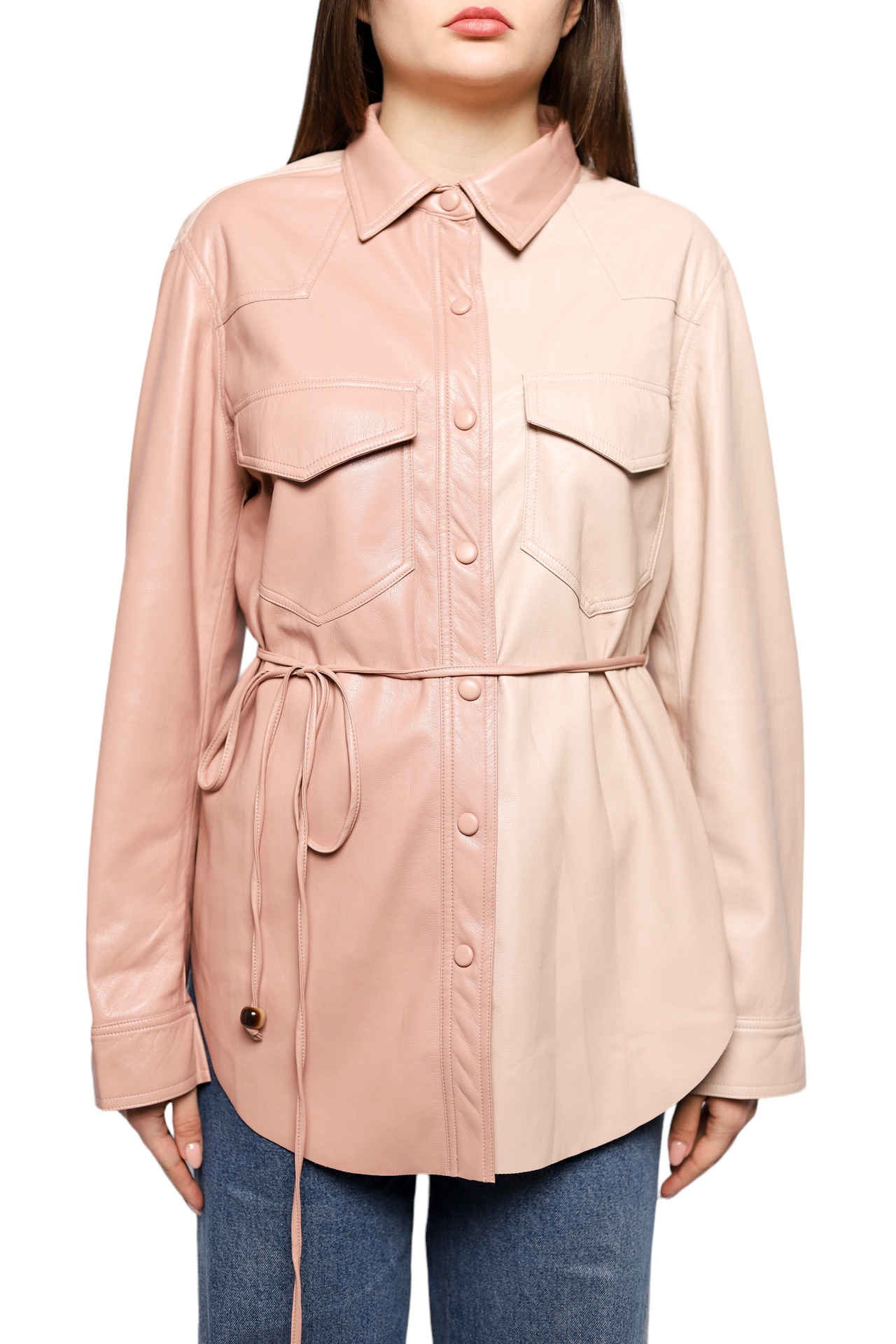 Nanushka Eddy Eddy Belted Two-tone Vegan Leather Shirt In Pink