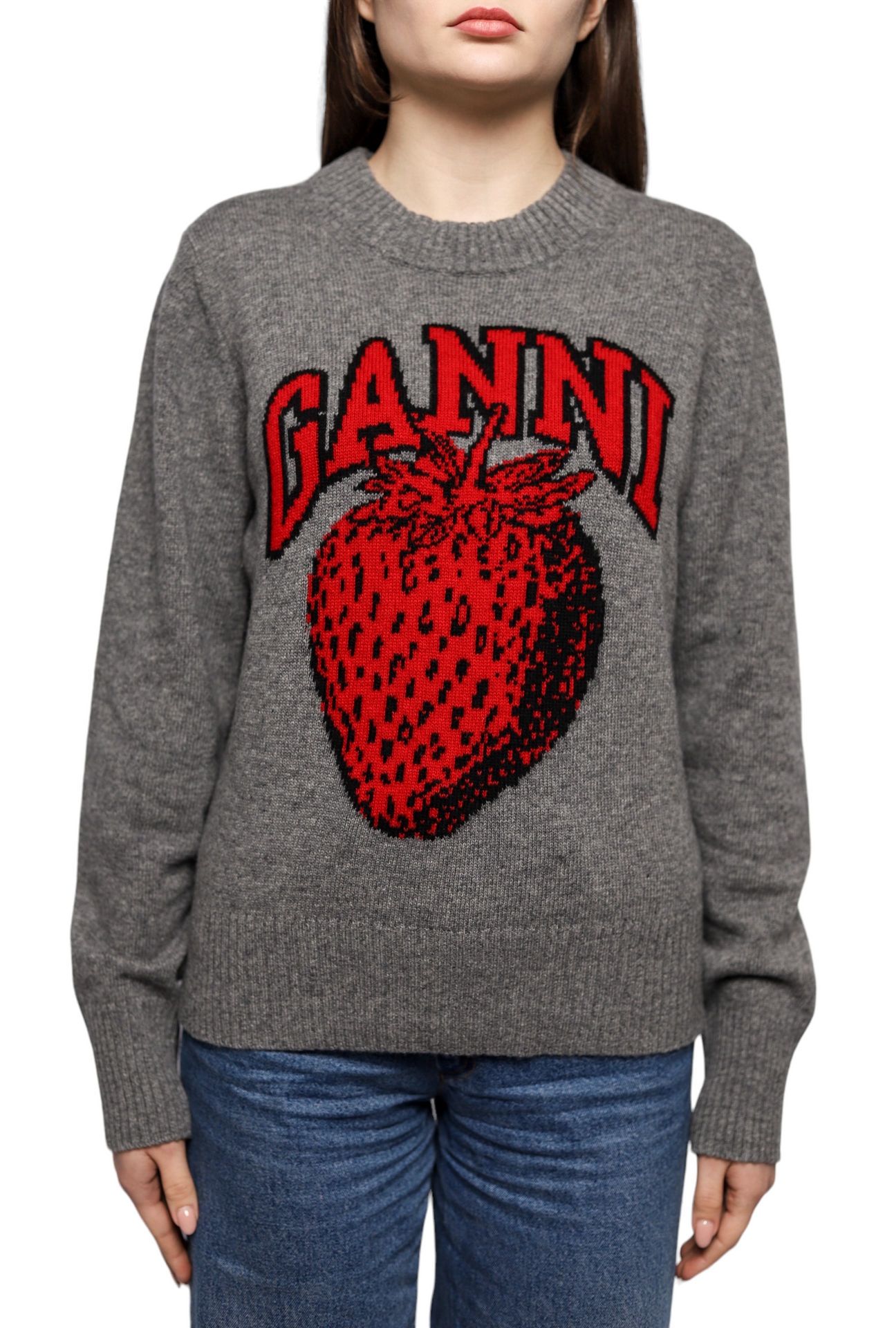 GANNI Graphic Strawberry O-neck Pullover Frost Gray