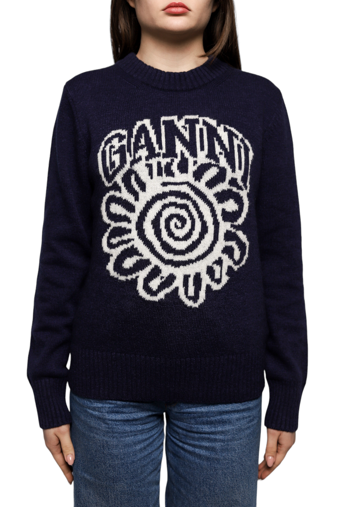 GANNI Graphic Flower O-neck Pullover Sky Captain