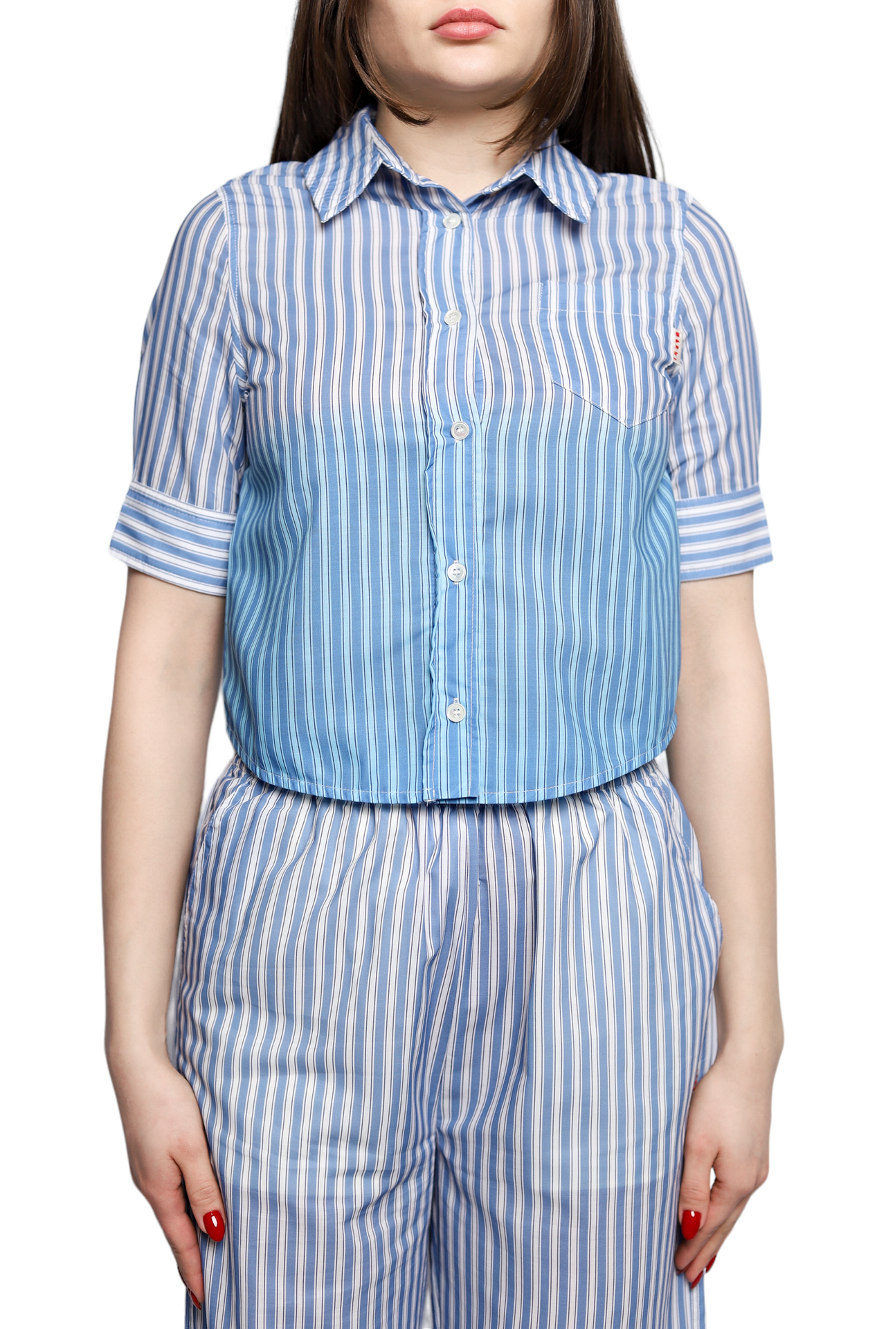 Marni Cropped Short Sleeve Shirt Striped Blue
