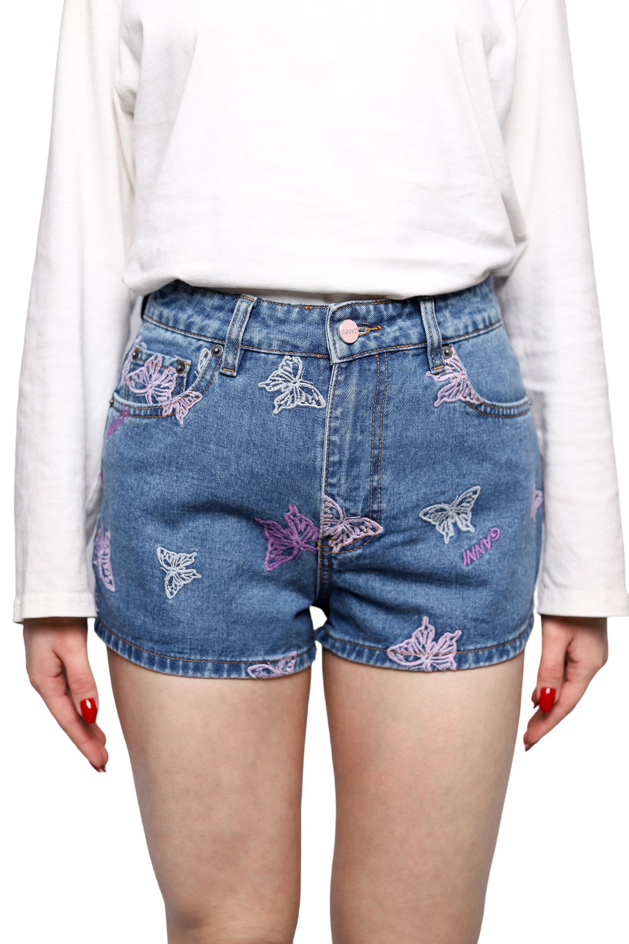 GANNI Butterfly Denim Shorts Blue