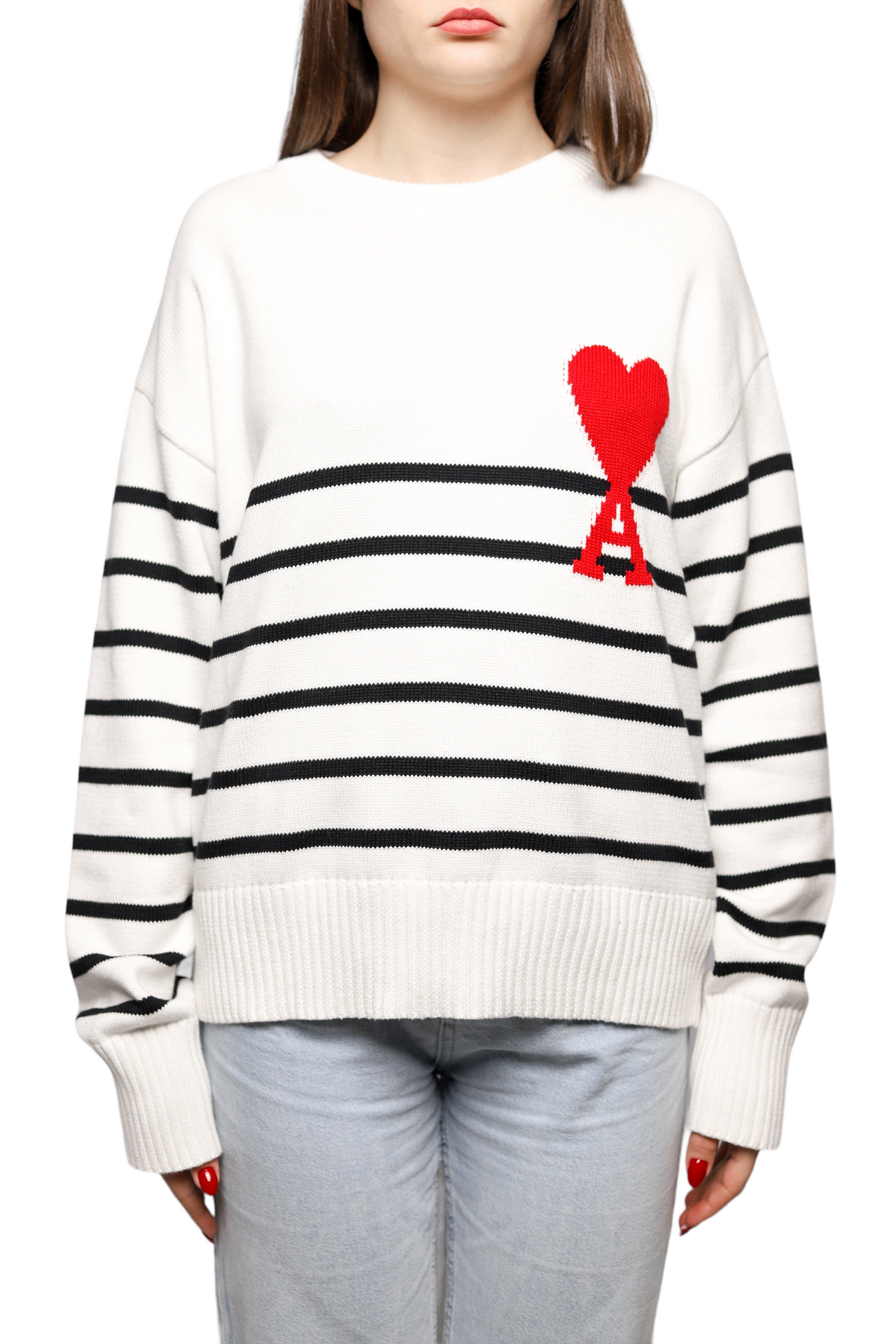 AMI Paris Ami De Coeur Striped Cotton And Wool Sweater White