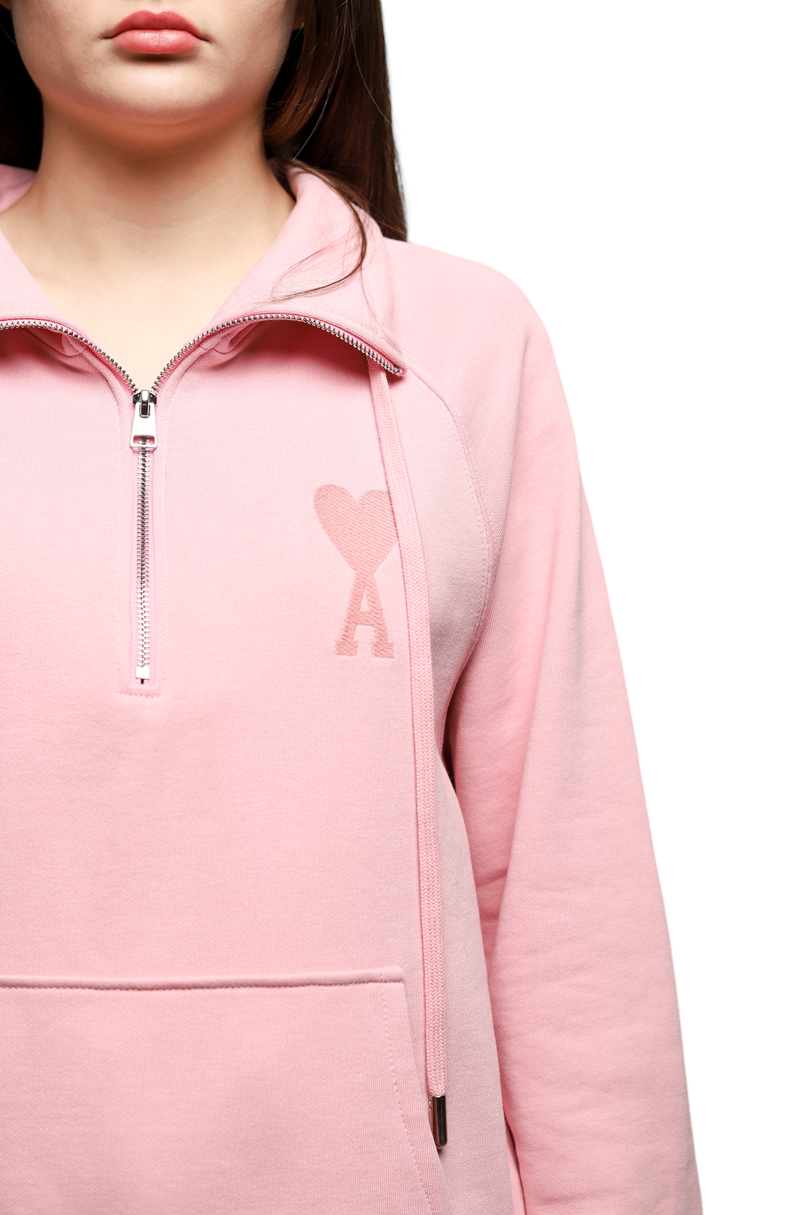 AMI Paris Ami de Coeur Half-zip Sweatshirt Pale Pink — SSTORIES AMI Paris Ami de Coeur Half-zip Sweatshirt Pale Pink — SSTORIES