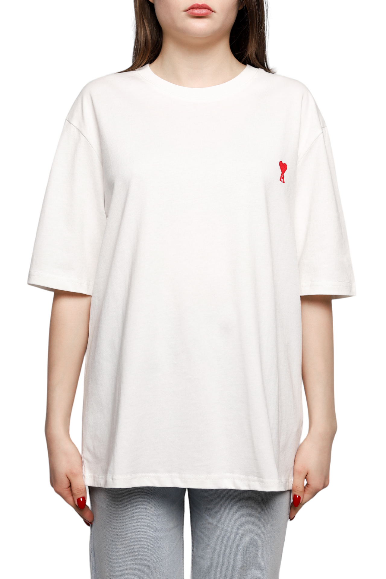 AMI Paris Logo Embroidered Cotton Jersey T-Shirt White