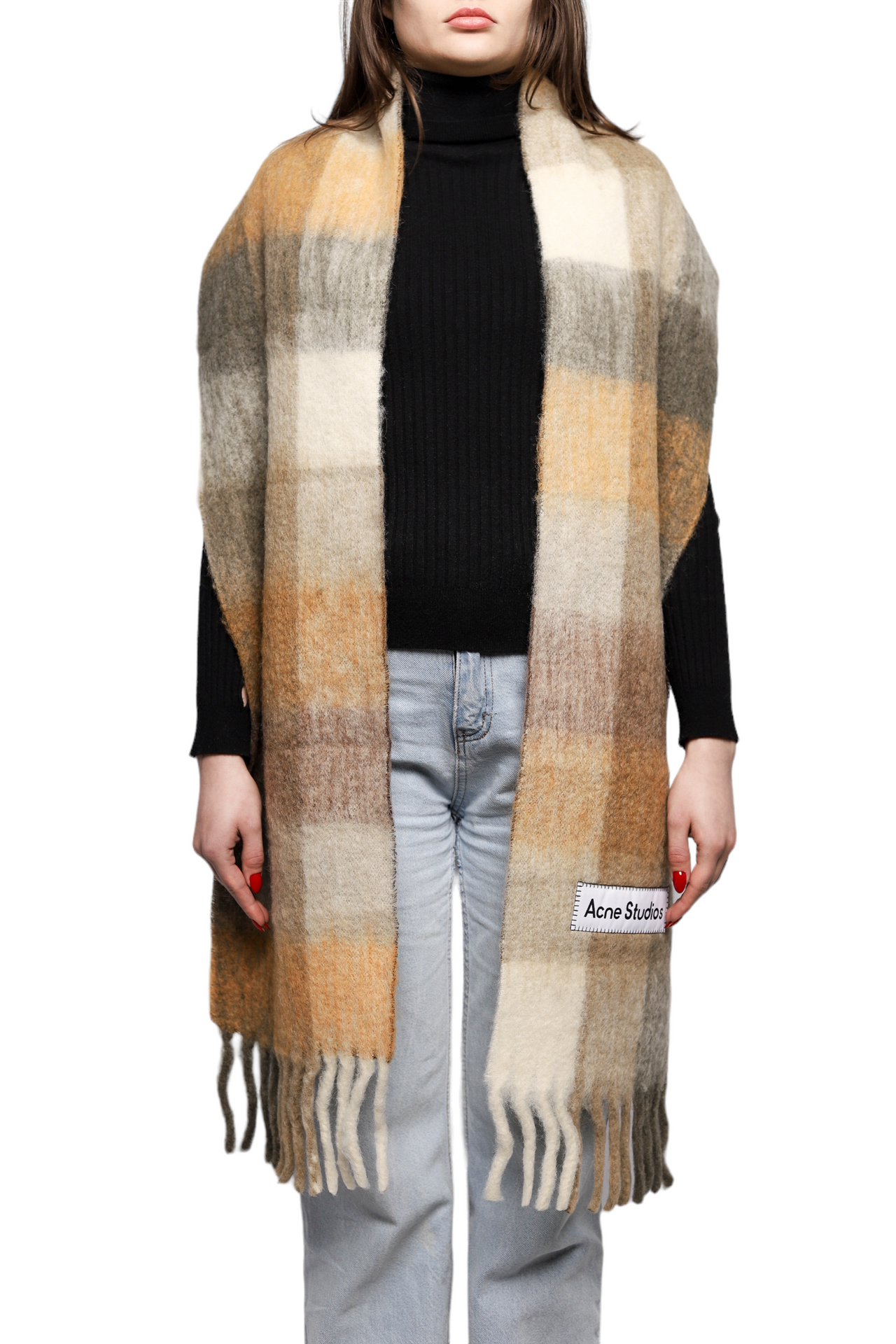 Acne Studios Checked Wool Fringe Scarf Taupe/Green/Black