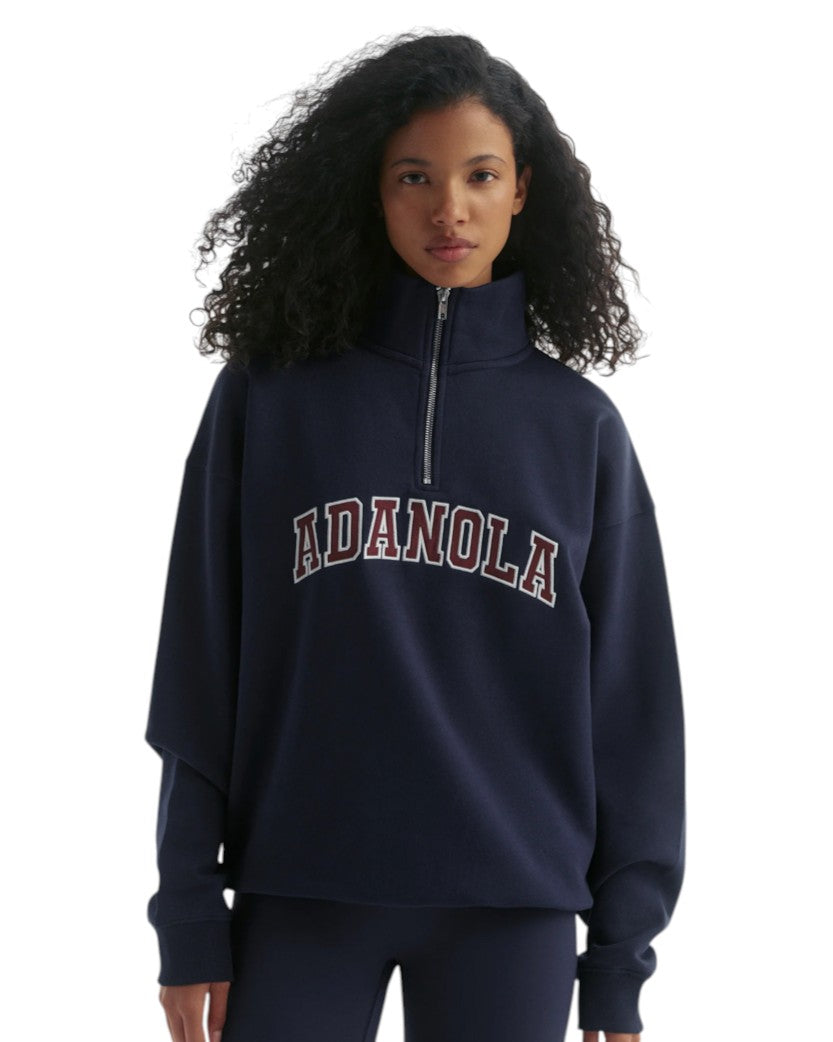 Adanola Varsity Relaxed Funnel Neck Zip Sweatshirt Navy Blue/Mulberry Red