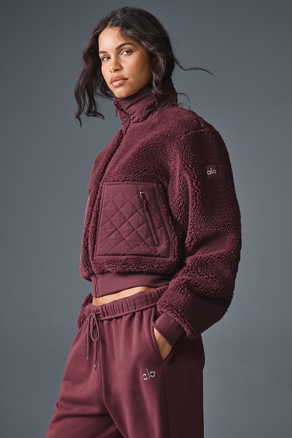 Alo Yoga Sherpa Edge Bomber Burgundy Truffle
