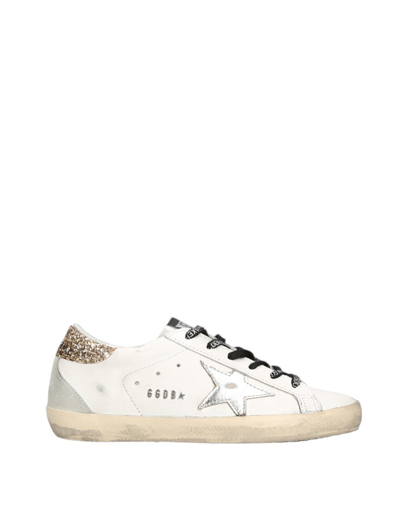 Golden Goose White Superstar Sneakers With Golden Glitter