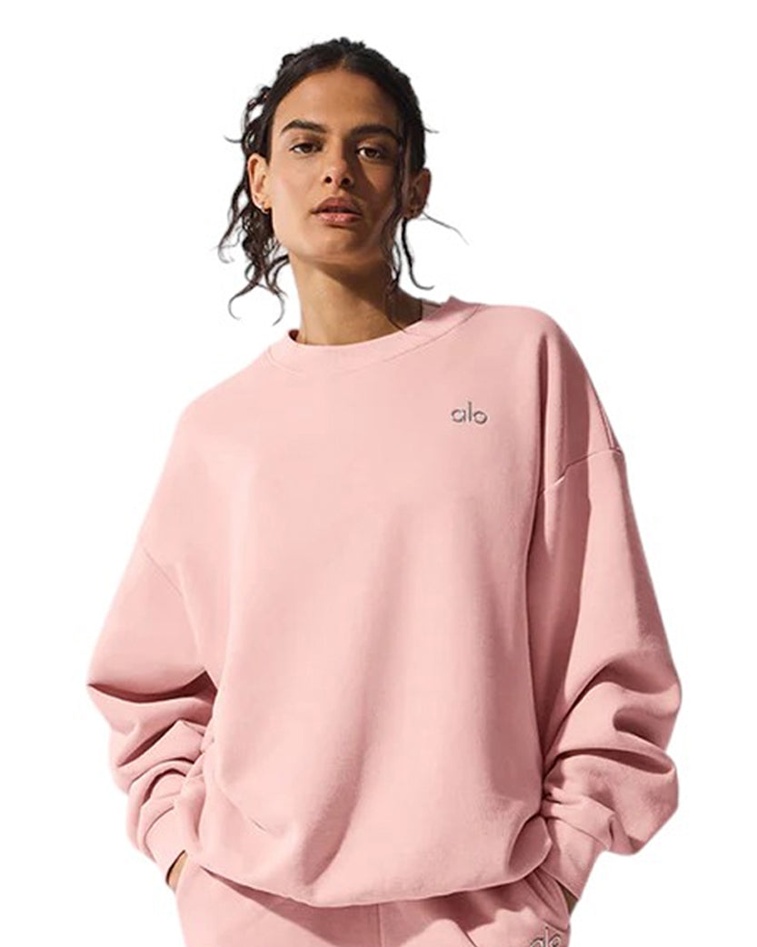 Alo Yoga Accolade Crew Neck Pullover Silver Logo Pink