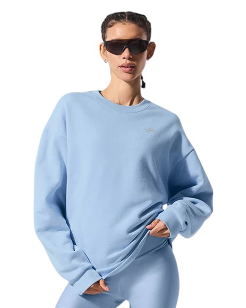 Alo Yoga Accolade Crew Neck Pullover Silver Logo Seashell Blue