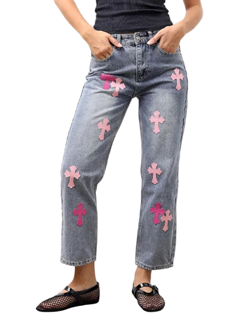 Chrome Hearts Jeans with Pink Cross Blue CH124-BL