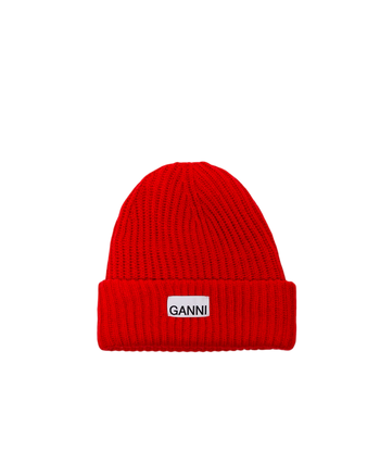GANNI Wool Rib Knit Beanie Red