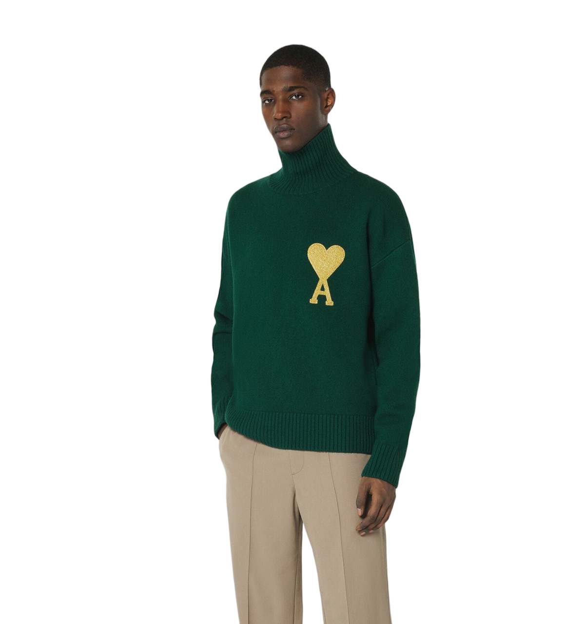 AMI Paris Ami de Coeur Lurex Funnel Neck Sweater Green