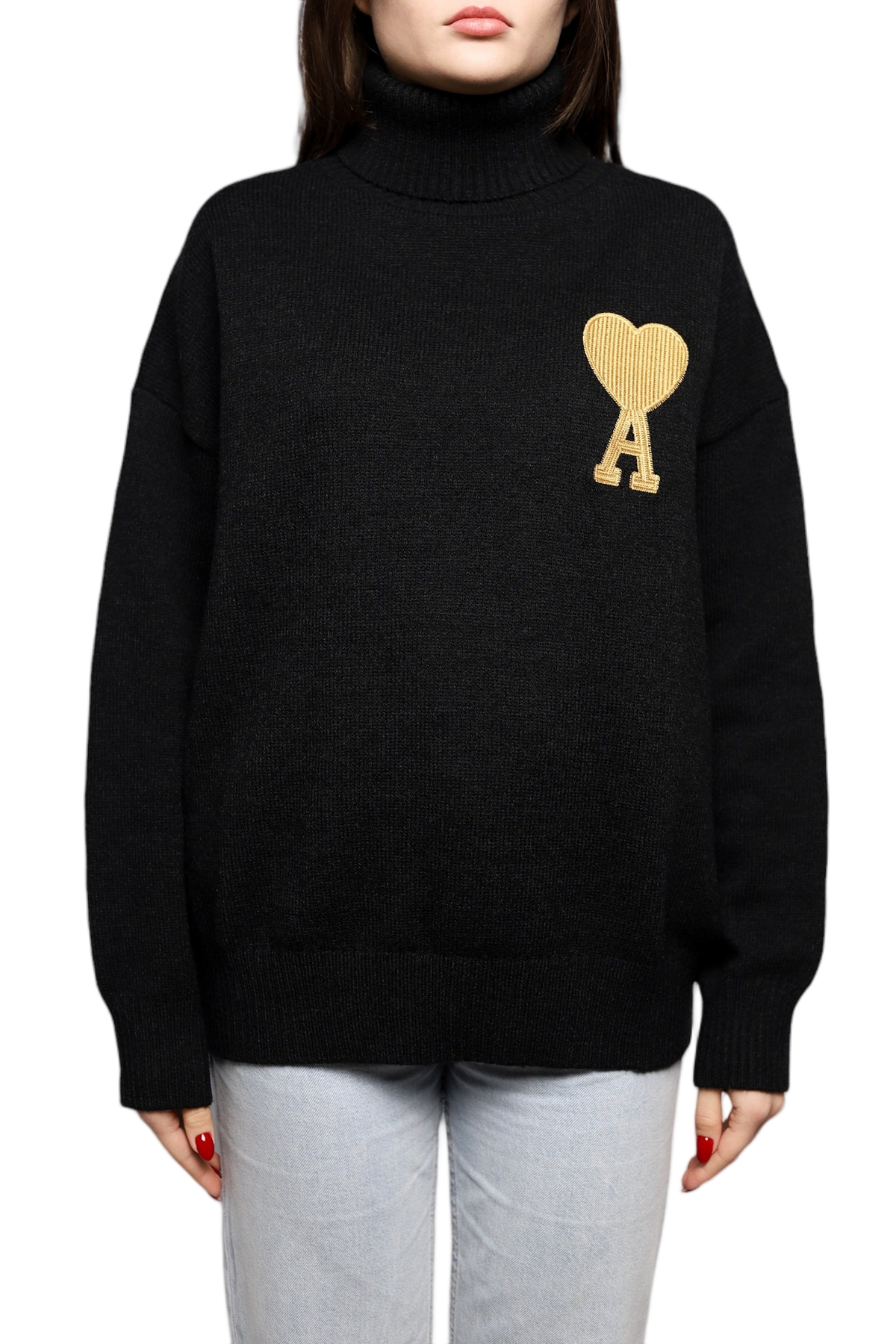 AMI Paris Ami de Coeur Lurex Funnel Neck Sweater Black