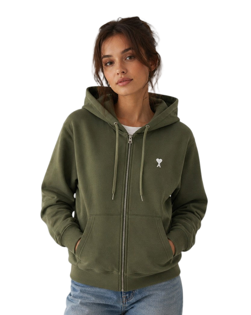 AMI Paris Ami De Coeur White Heart Zipped Hoodie Military Green