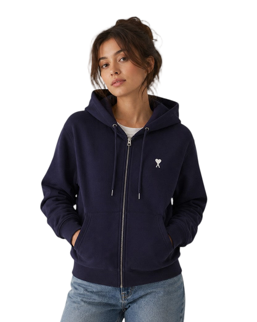 AMI Paris Ami De Coeur White Heart Zipped Hoodie Navy Blue