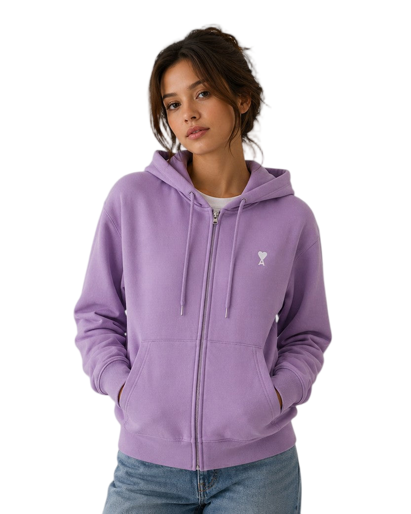 AMI Paris Ami De Coeur White Heart Zipped Hoodie Purple