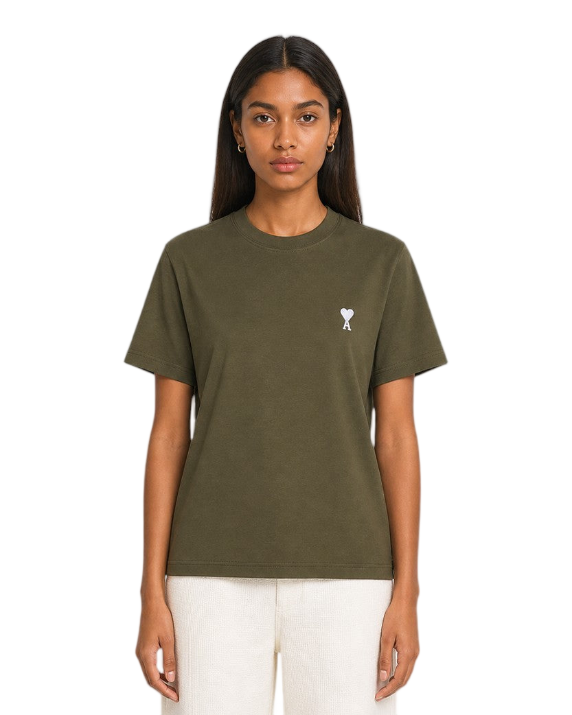 AMI Paris Ami De Coeur White Heart T-Shirt Military Green
