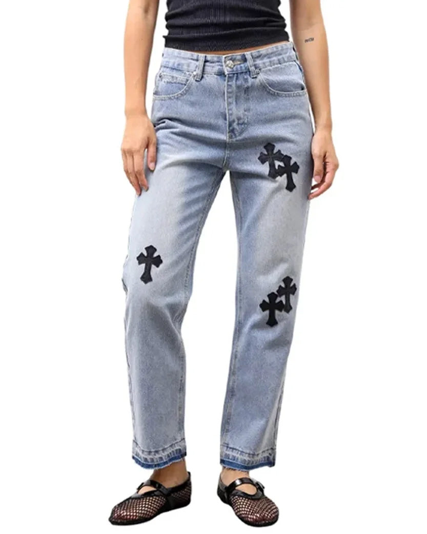 Chrome Hearts Jeans with Black Cross Light Blue CH127-LBL