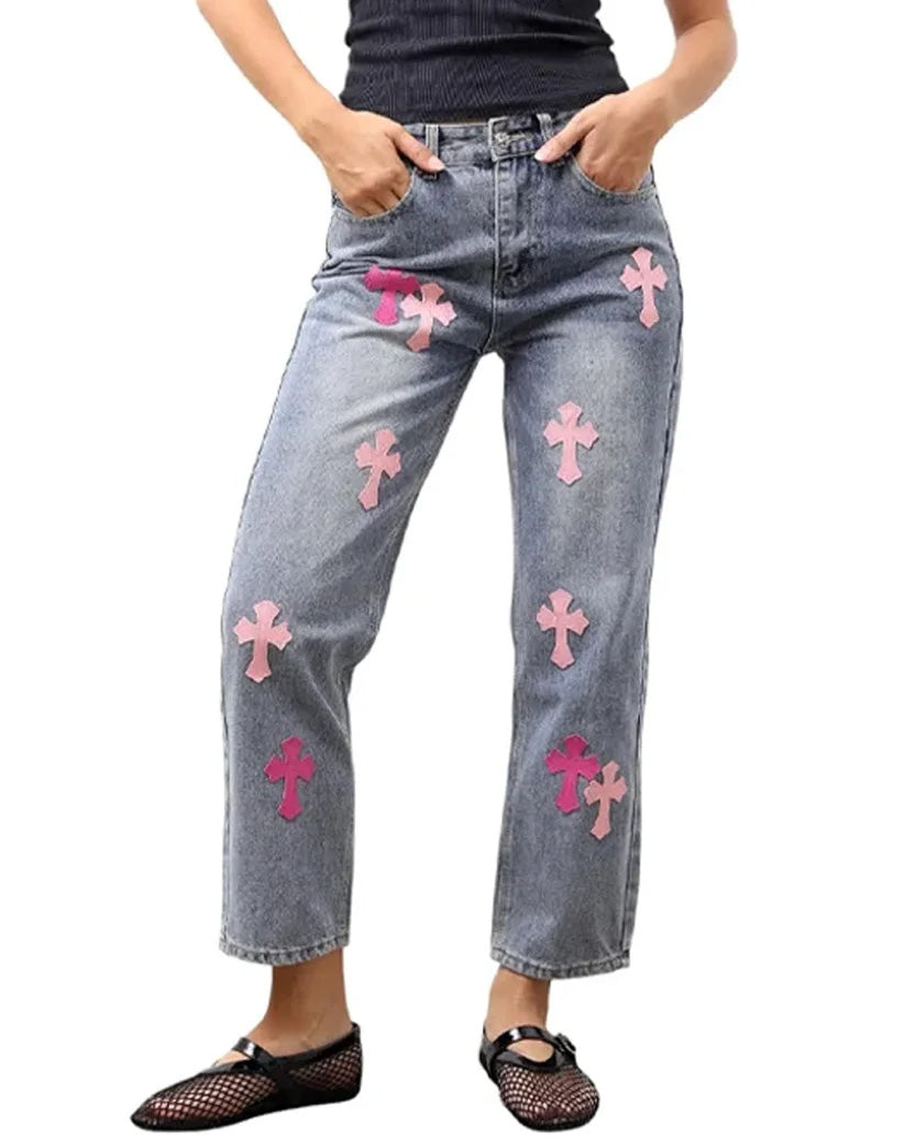 Chrome Hearts Jeans with Pink Cross Blue CH124-BL