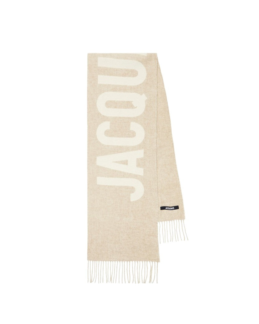 Jacquemus Logo Jacquard Fringed Edge Scarf Beige