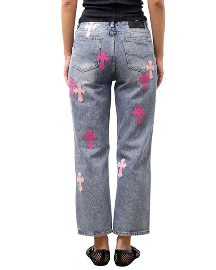 Chrome Hearts Jeans with Pink Cross Blue CH124-BL