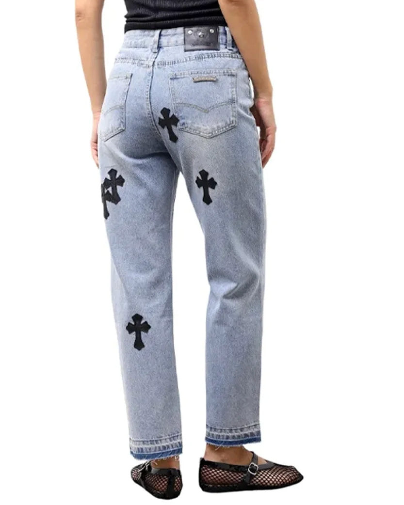 Chrome Hearts Jeans with Black Cross Light Blue CH127-LBL