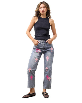 Chrome Hearts Jeans with Pink Cross Blue CH124-BL