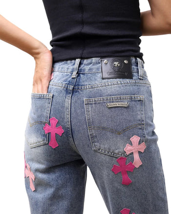 Chrome Hearts Jeans with Pink Cross Blue CH124-BL