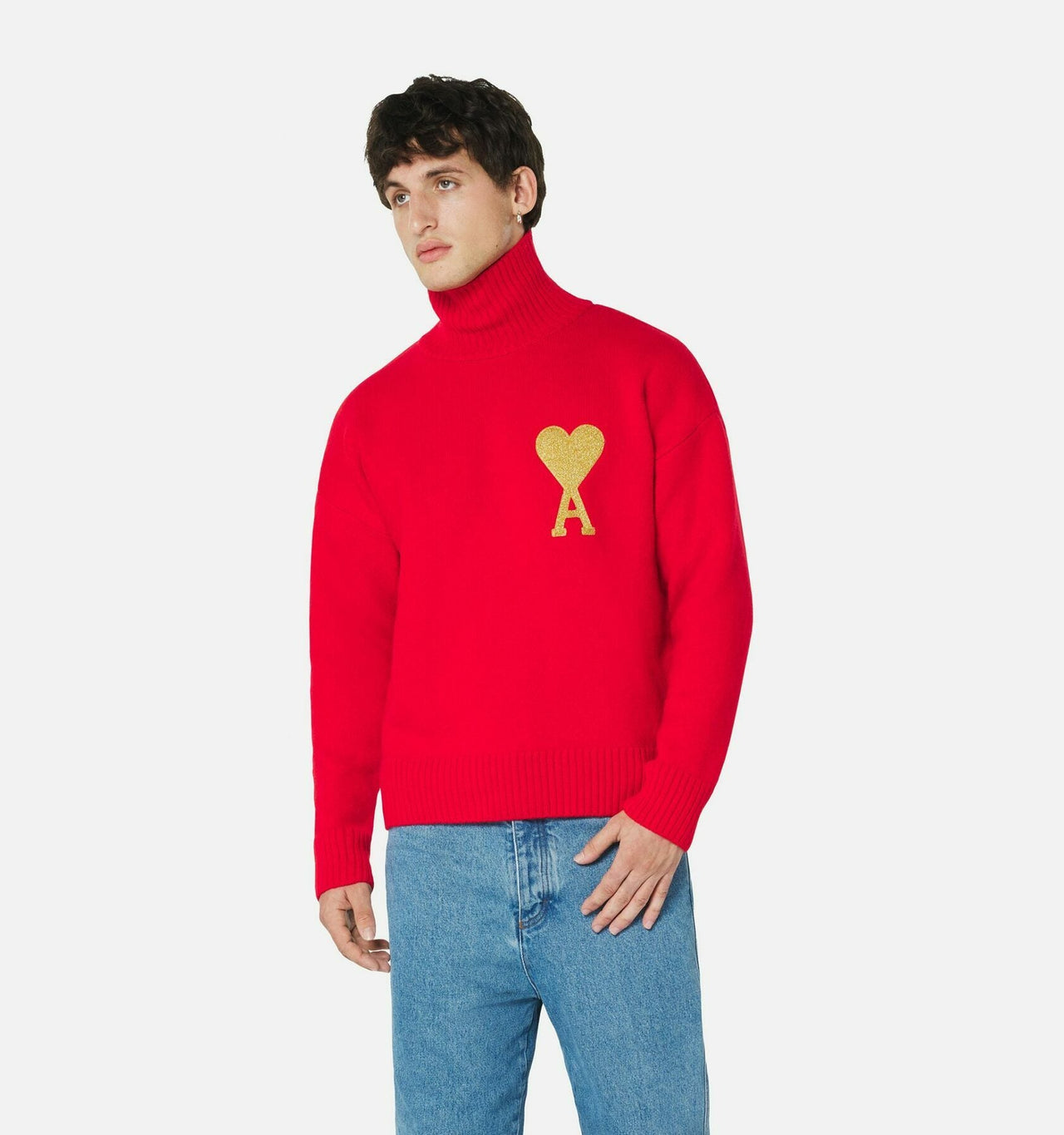 AMI Paris Ami de Coeur Lurex Funnel Neck Sweater Red