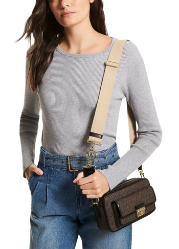 Michael Kors Bradshaw Medium Logo Camera Bag Brown Edging Black
